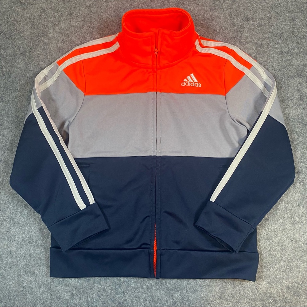 Adidas Boys 3T Color Block Athletic Track Jacket Zip Up Orange Gray Navy